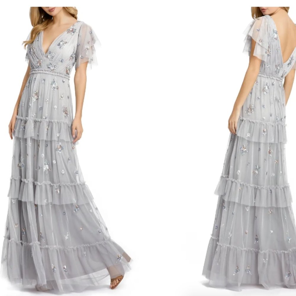 Mac Duggal Sequin Tiered Flutter Sleeve Platinum … - image 1